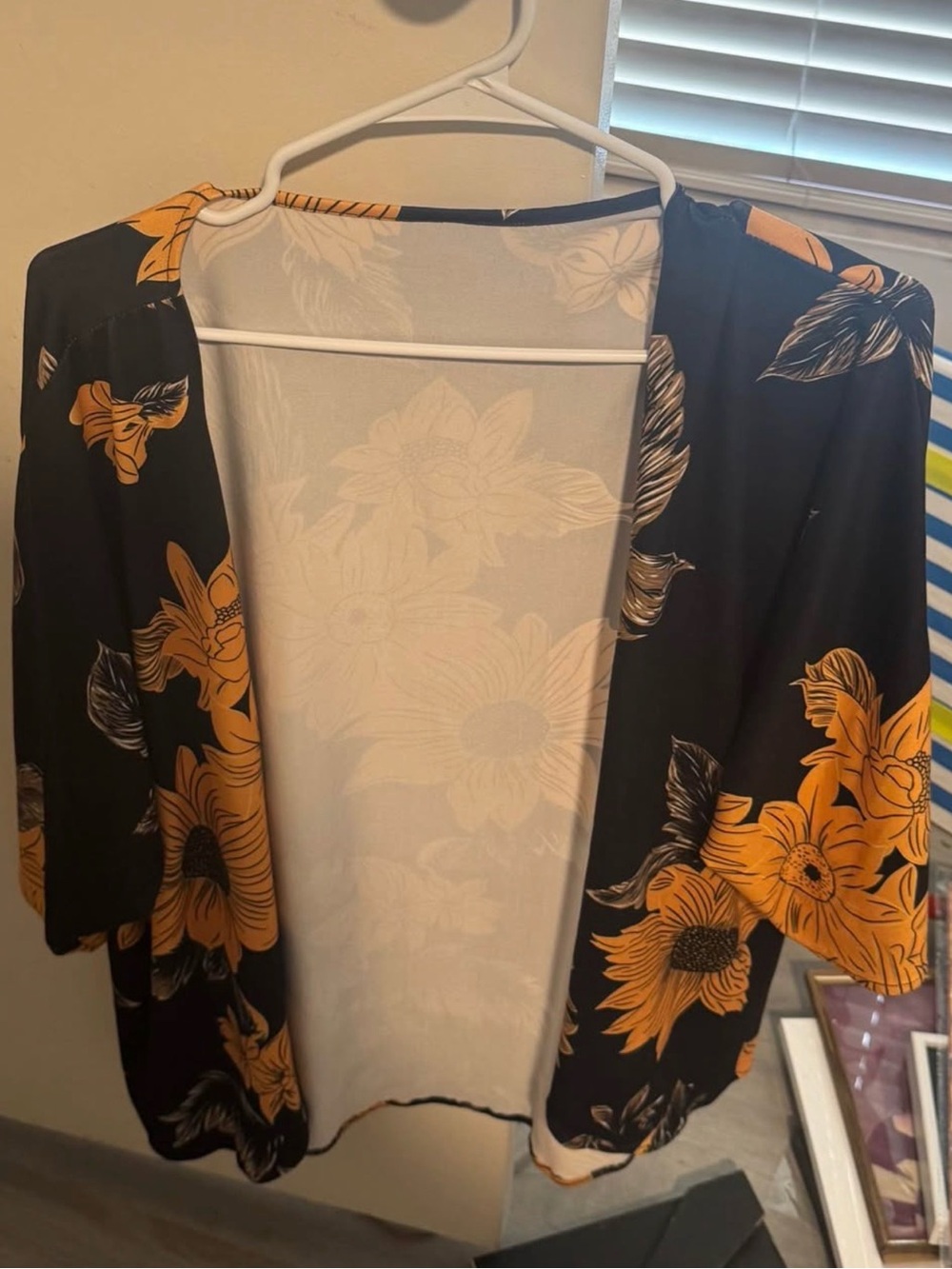 Black & Mustard Floral Open-Front Kimono Jacket